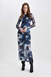 DeFacto Bodycon Yuvarlak Yaka Batik Tül Midi Uzun Kollu Elbise C5082AX24SPBE181