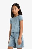 Kız Çocuk Slim Fit Dar Kesim Bisiklet Yaka Basic Düz Ribana Kısa Kollu Tişört