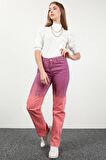 Kadın Düğmeli Boyalı Straight Fit Jean Pantolon Pembe