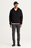 Erkek Siyah Standart Fit Normal Kesim Içi Polarlı 3 Iplik Kapüşonlu Fermuarlı Sweatshirt Ceket