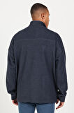 Erkek Indigo Melanj Oversize Bol Kesim Dik Yaka Pamuklu Desenli Sweatshirt Ceket