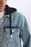 DeFacto Oversize Geniş Kalıp Kapüşonlu Düğmeli Mevsimlik Baharlık Jean Ceket D0417AX24AUNM39