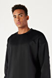 Erkek Siyah Oversize Bol Kesim Bisiklet Yaka Düz Sweatshirt