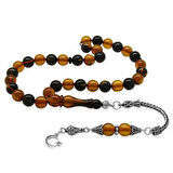 925 Ayar Gümüş Ay Yıldız Püsküllü Küre Kesim Sarı-Siyah Ateş Kehribar Tesbih