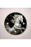 Beyaz At Siyah Renkli Baskı Hayvan Desenli Sayılı Hediyelik Ahşap Sessiz Duvar Saati 50cm