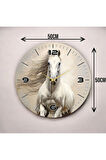 Şık Beyaz Renkli At Baskılı Hayvan Desenli Sayılı Hediyelik Ahşap Sessiz Duvar Saati 50cm