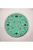 Yeşil Renkli Baskı Panda Çocuk Desenli Sayılı Hediyelik Ahşap Sessiz Duvar Saati 50cm