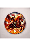 Renkli Baskı At Savaşcı Desenli Sayılı Hediyelik Ahşap Sessiz Duvar Saati 50cm