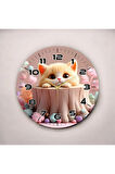 Renkli Baskı Kedi Çocuk Desenli Sayılı Hediyelik Ahşap Sessiz Duvar Saati 50cm
