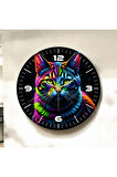 Kedi Fotoğraflı Neon Renkli Baskı Desenli Sayılı Hediyelik Ahşap Sessiz Duvar Saati 50cm
