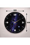 Uzay Yıldız Tasarımlı Siyah Renkli Baskı Desenli Sayılı Hediyelik Ahşap Sessiz Duvar Saati 50cm