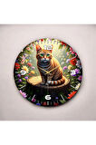 Sarı Kedi Renkli Baskı Hayvan Desenli Sayılı Hediyelik Ahşap Sessiz Duvar Saati 50cm