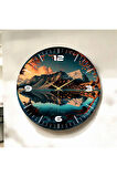 Renkli Baskı Dağ Doğa Desenli Sayılı Hediyelik Ahşap Sessiz Duvar Saati 50cm
