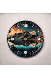 Renkli Baskı Dağ Doğa Desenli Sayılı Hediyelik Ahşap Sessiz Duvar Saati 50cm