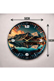 Renkli Baskı Dağ Doğa Desenli Sayılı Hediyelik Ahşap Sessiz Duvar Saati 50cm