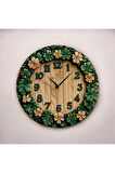 Renkli Baskı Çiçek Desenli Sayılı Hediyelik Ahşap Sessiz Duvar Saati 50cm