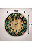 Renkli Baskı Çiçek Desenli Sayılı Hediyelik Ahşap Sessiz Duvar Saati 50cm