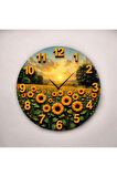Renkli Baskı Ayçiçek Desenli Sayılı Hediyelik Ahşap Sessiz Duvar Saati 50cm