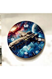 Renkli Baskı Uzay Desenli Sayılı Hediyelik Ahşap Sessiz Duvar Saati 50cm