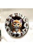 Renkli Baskı Kedi Çocuk Desenli Sayılı Hediyelik Ahşap Sessiz Duvar Saati 50cm