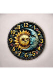 Güneş Ay Kabartma Görünümlü Renkli Baskı Desenli Sayılı Hediyelik Ahşap Sessiz Duvar Saati 50cm