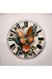 Renkli Baskı Kelebek Yaprak Desenli Sayılı Hediyelik Ahşap Sessiz Duvar Saati 50cm
