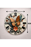Renkli Baskı Kelebek Yaprak Desenli Sayılı Hediyelik Ahşap Sessiz Duvar Saati 50cm