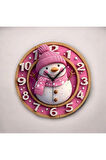 Pembe Kardan Adam Renkli Baskı Desenli Sayılı Hediyelik Ahşap Sessiz Duvar Saati 50cm