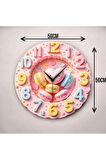 2D Kabartma Görünümlü Makaron Renkli Baskı Desenli Sayılı Hediyelik Ahşap Sessiz Duvar Saati 50cm