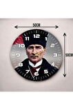 Renkli Baskı Atatürk Desenli Sayılı Hediyelik Ahşap Sessiz Duvar Saati 50cm