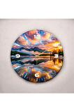 Renkli Baskı Gün Batımı ve Göl Manzarası Desenli Sayılı Hediyelik Ahşap Sessiz Duvar Saati 50cm