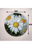 Papatya Tasarımlı Renkli Baskı Çiçek Desenli Sayılı Hediyelik Ahşap Sessiz Duvar Saati 50cm