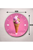 Pembe Renkli Baskı Dondurma Desenli Sayılı Hediyelik Ahşap Sessiz Duvar Saati 50cm