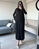 Kadın Siyah Oys Premium Pamuklu Kumaş Yanları Cepli Oversize Bol Kesim Uzun Maxi Bilek Boy Elbise