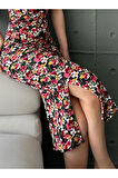 Kadın İp Askılı Önden Bağlamalı Çiçek Desenli Yırtmaçlı Bürümcük Yazlık Yeni Sezon Esnek Midi Elbise