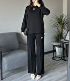 Kadın Siyah Broş Detaylı Oys Premium Pamuklu Modal Kumaş Tunik Sweatshirt ve Pantolon Alt Üst Takım Lüx İkili Takım