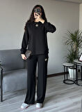 Kadın Siyah Broş Detaylı Oys Premium Pamuklu Modal Kumaş Tunik Sweatshirt ve Pantolon Alt Üst Takım Lüx İkili Takım