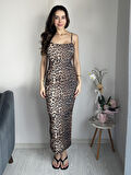 Kadın Askılı Maxi Boy Likralı Vücuda Oturan Leopar Desenli Yazlık Yeni Sezon Leoparlı Uzun Elbise