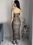 Kadın Askılı Maxi Boy Likralı Vücuda Oturan Leopar Desenli Yazlık Yeni Sezon Leoparlı Uzun Elbise