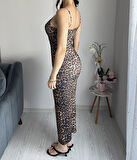 Kadın Askılı Maxi Boy Likralı Vücuda Oturan Leopar Desenli Yazlık Yeni Sezon Leoparlı Uzun Elbise