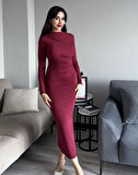 Kadın Bordo Drapeli Vücuda Oturan Esnek Uzun Kollu Maxi Uzun Kylie Elbise Şık Uzun Elbise