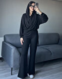 Kadın Siyah Oys Premium Pamuklu Modal Kumaş Kapüşonlu Sweatshirt ve Pantolon Alt Üst Takım Lüx İkili Takım