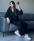 Kadın Siyah Oys Premium Pamuklu Modal Kumaş Kapüşonlu Sweatshirt ve Pantolon Alt Üst Takım Lüx İkili Takım