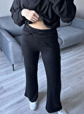 Kadın Siyah Oys Premium Pamuklu Modal Kumaş Kapüşonlu Sweatshirt ve Pantolon Alt Üst Takım Lüx İkili Takım