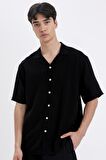 DeFacto Relax Fit Yazlık Polo Yaka Basic Düz Kısa Kollu Siyah Gömlek C8157AX24SMBK81