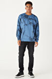Erkek Indigo Oversize Bol Kesim Bisiklet Yaka Modern Desenli Yumuşak Dokulu Sweatshirt