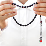 Tesbihane 1000 Ayar Gümüş Kazaz Püsküllü Arpa Kesim Kırmızı-Siyah Ateş Kehribar Tesbih