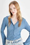 DeFacto Coool Fitted Basic Düz Düğmeli Uzun Kollu Crop Gömlek A0012AX24AUBE455