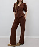 Kadın Acı Kahve Ön Bağlamalı Bluz ve Pantolon İkili Takım %100 Pamuk Müslin Alt Üst Takım