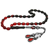 1000 Ayar Gümüş Kazaz Püsküllü Arpa Kesim Süzme Kırmızı-Siyah Ateş Kehribar Tesbih